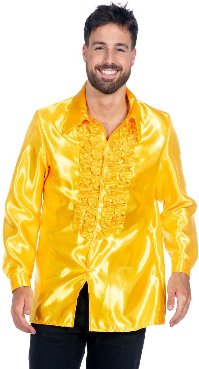 Jaren 80 & 90 Kostuum | Knallend Gele Foute Ruchesblouse Satijn Disco Party Man | Maat 58 | Carnaval kostuum | Verkleedkleding